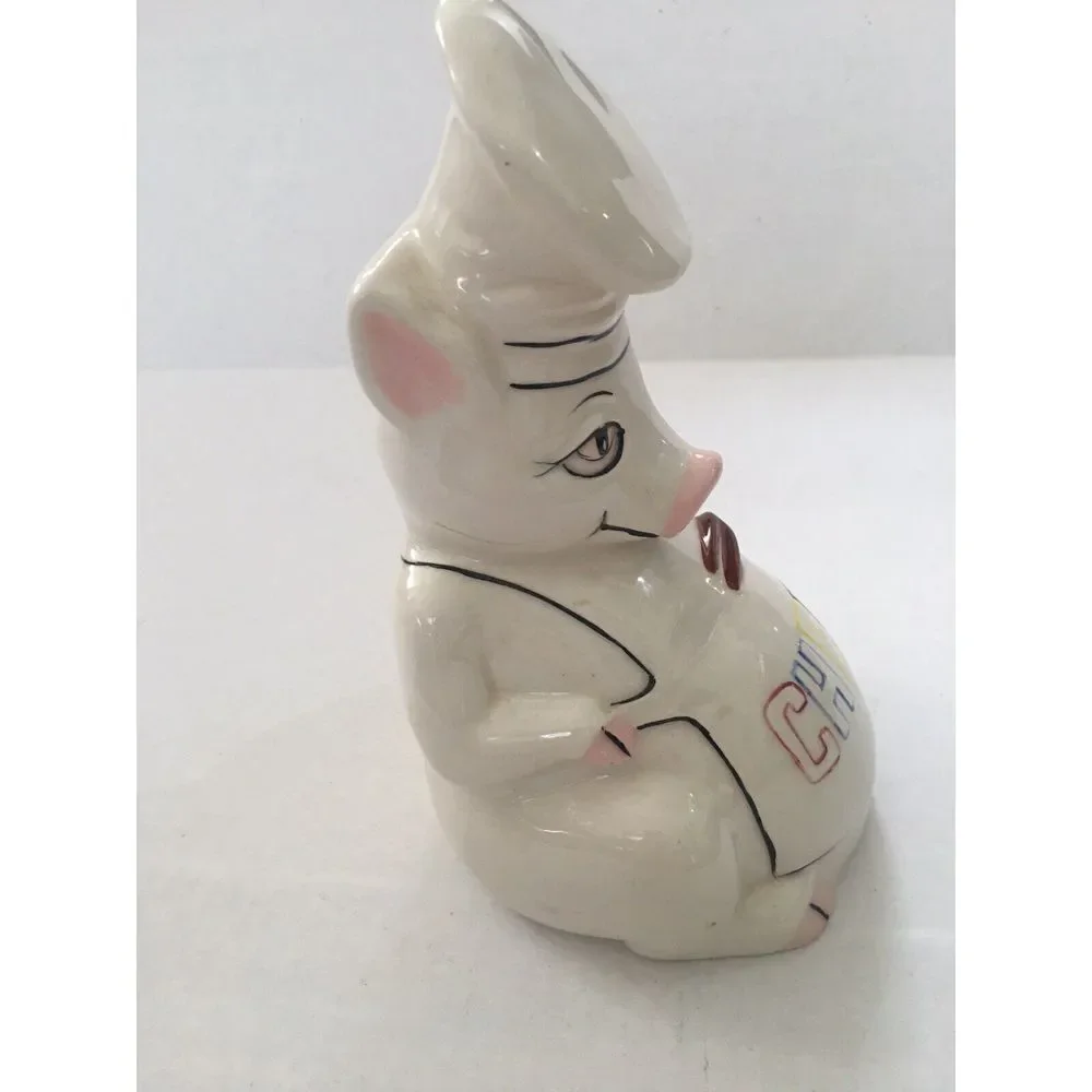 Pig Chef Vtg Piggy Bank Ceramic White Collectible Kitchen - Missing Bottom Cover
